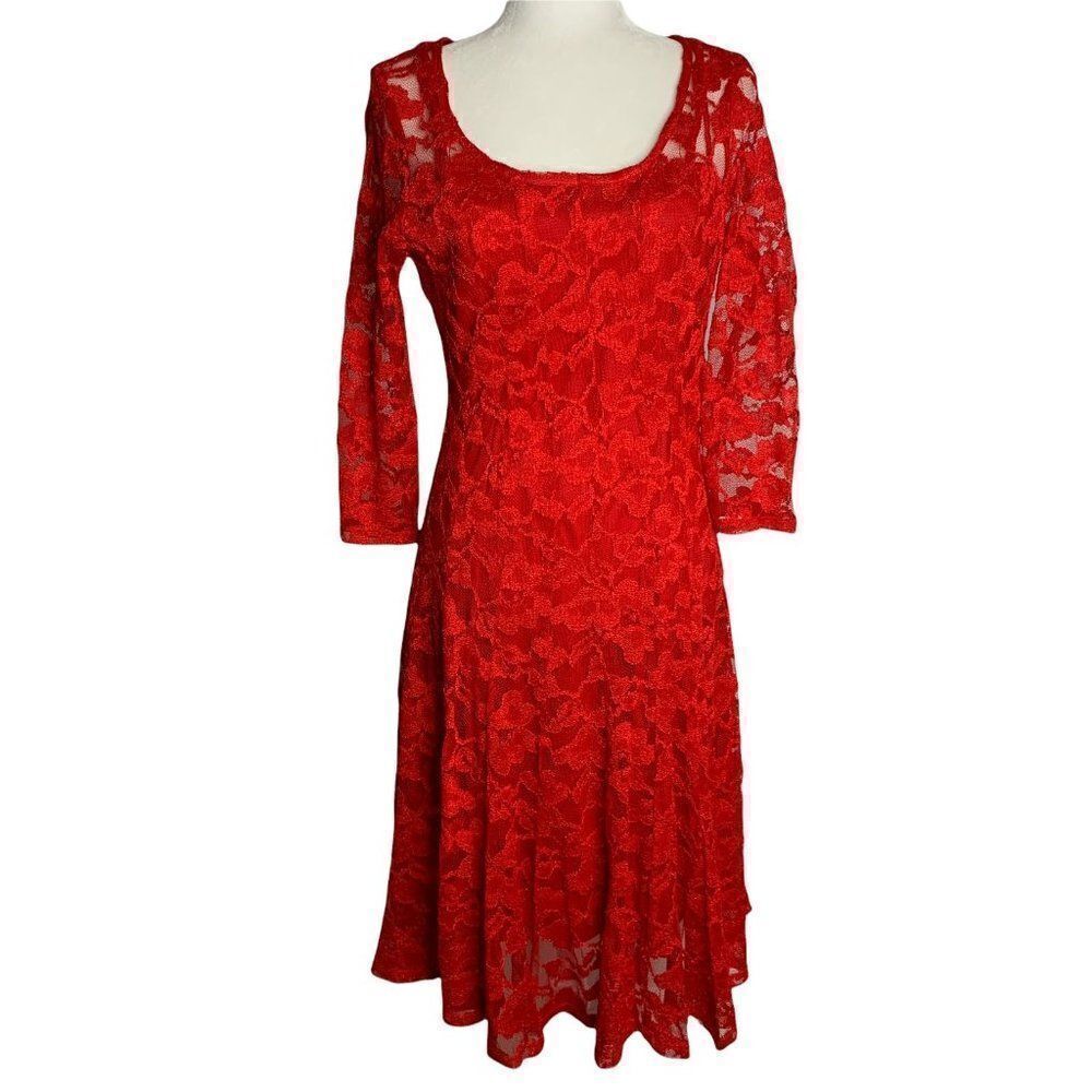 Vintage Leslie Fay Lace Swing Dress 10 Red Floral Slip